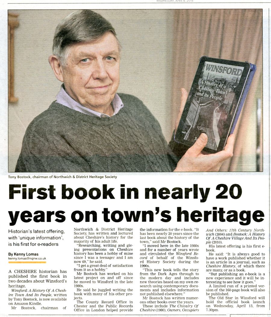 An interview with the author by Kenny Lomas carried on Page 3 of the Winsford Guardian on Wednesday, 6th April 2016